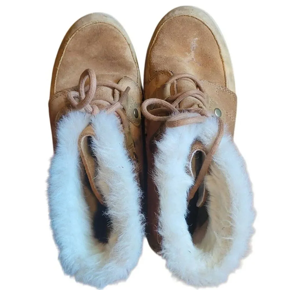 Sorel Boots Women's 9.5 Tan Suede Leathwr Joan Explorer Rain Winter Snow Fur